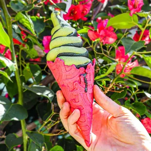 Matcha &amp; Charcoal Vanilla Swirl Plant-based soft serve in a vegan waffle cone.
