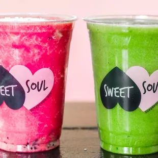 Smoothies pictured from left to right: The Rose Glow &amp; Don&apos;t Kale My Vibe