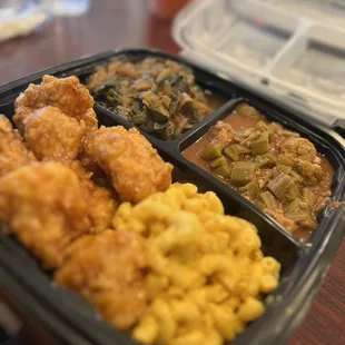 Mac N Cheese, Sweet Heat Cauliflower, Okra Gumbo, Collard Greens