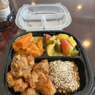 4 sides: sweet potatoes, coconut curry, stuffed pepper, orange cauliflower