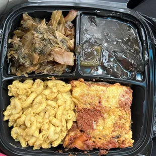 Mac N Cheese , Collard Greens , egg plant lasagna, and mushrooms over rice
