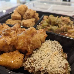 Fried cauliflower, orange chicken cauliflower, stuffed bell peppers and okra gumbo