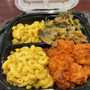 Sweet Heat Cauliflower, Mac N Cheese, Collard Greens