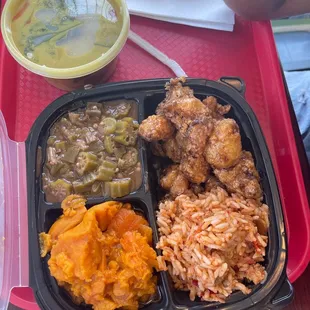 Jambalaya, Sweet Potatoes, Okra Gumbo, Fried Cauliflower