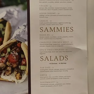 Pitas, Sammies, Salads menu