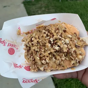 first timer and OMG it was amazing. butterscotch dip almonds ,toffee nut and peanut butter drizzle it was perfect. I highly recommend it.