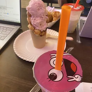 Homemade strawberry ice cream with bubble waffle