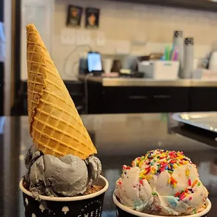 (L to R)  Black panther scoop over chocolate fetish, salted caramel over birthday cake.