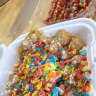 Superman waffle add fruity pebbles and fruity pebbles mini pancakes. (Unsure of menu names for these)