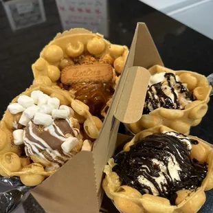 Smores, cookie dough, Oreo, lotus bubble waffle cones