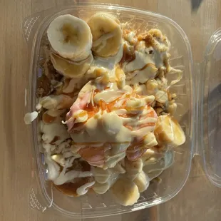 Chunky monkey mini pancakes with strawberry ice cream