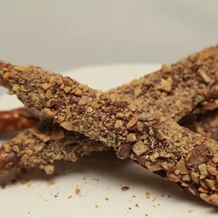 a plate of chocolate covered pretzels
