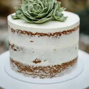 a cake with a succulent flower on top