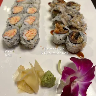 Tokyo Roll $7.25. Salmon Skin and Cucumber Roll $5.50