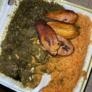 Cassava Leaf with Jollof Rice and Plantains.