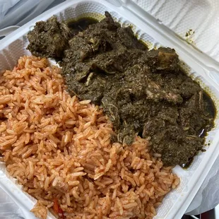Cassava Leaves/chicken and Jollof rice.