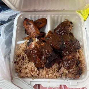 For 17$ ? Beans and rice, jerk chicken with 3 Plantains.