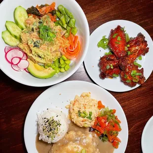 Salmon Poke Bowl, Mochico wings, Loco Moco Plates