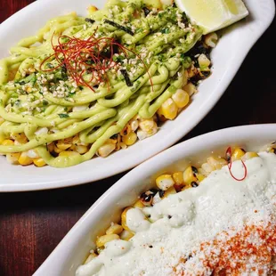 Avocado Cream, Furikake, and Chili Threads Elotes, Garlic Aioli, Chili Powder, and Queso Fresco Elotes