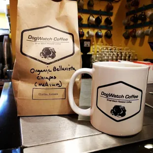 a coffee bag and a coffee mug