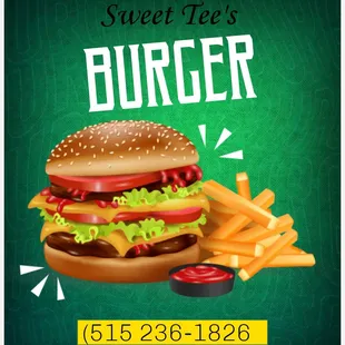 a burger with fries and ketchup