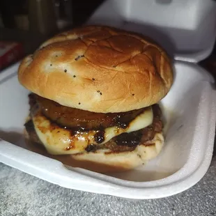 A delicious teriyaki Patty bacon pepper jack cheese and pineapple