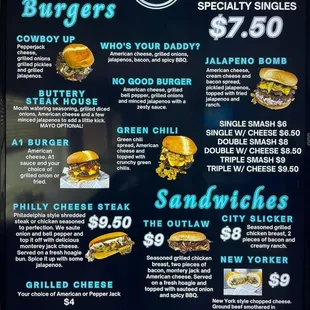 Burgers and Sandwich menu