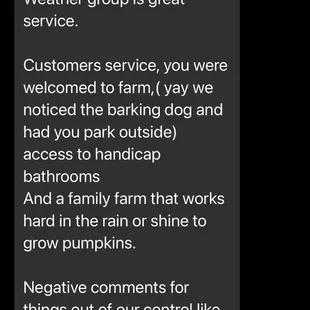 Her response to my receipt message. I simply stated the downpour of rained caused us to leave after 15 min and we wanted to stay longer