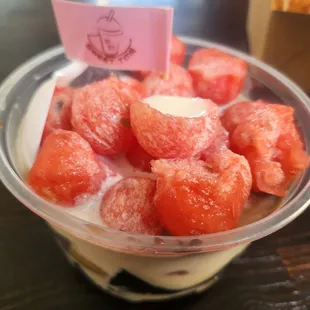 Grass jelly with watermelon and taro balls
