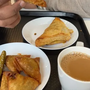 ONION SAMOSA, masala tea &amp; chicken puff