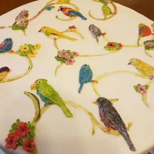 a cake decorated with birds