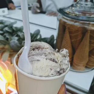 a person holding a cup of ice cream