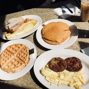 Brunch! These are the breakfast platter #4, and an omelette including pancakes