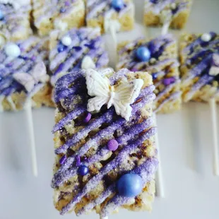 Rice krispie treats can also be dipped or drizzled and color and theme for your occasion