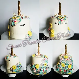 four cakes decorated with unicorns
