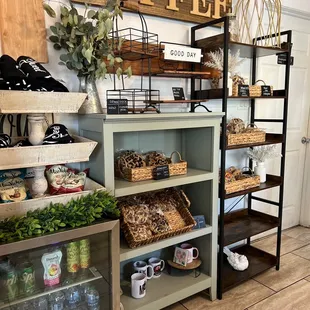 a coffee shop with shelves and baskets