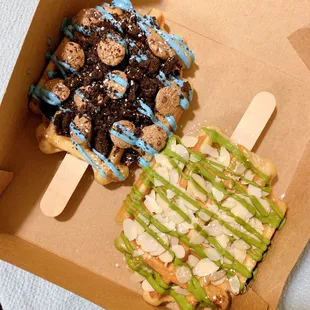 Cookie Monster and matcha almond waffle