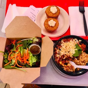 Turkey Chili and Brown Rice (added cheese), Organic Greens salad and Sweet Potato Muffins