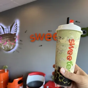 Oreo Brûlée Matcha with honey boba, my fave!