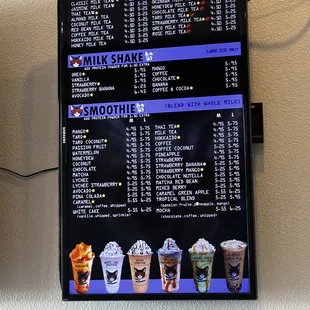 a menu for milkshake and smoothie