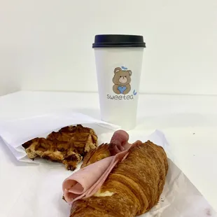 Ham &amp; cheese croissant and Belgium waffle