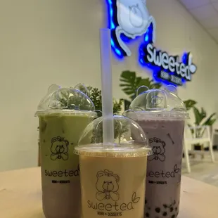 Left: Matcha Ube Latte Middle: Pearl Milk Tea Right: Taro Milk Tea