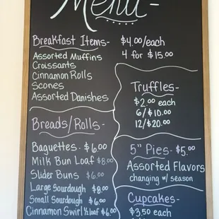 Breakfast pastry and bread menu