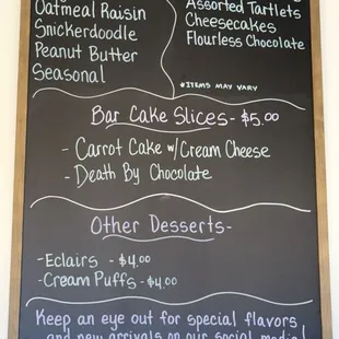 Cookie, mini pasty, and cake by the slice menu