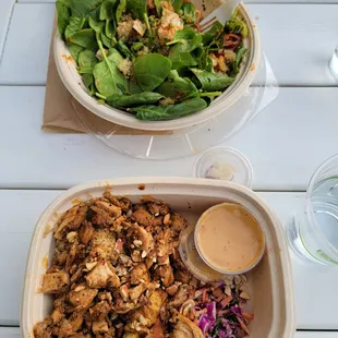 Chicken pesto parm warm bowl and hot honey chicken plate