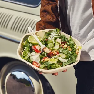 a person holding a bowl of salad
