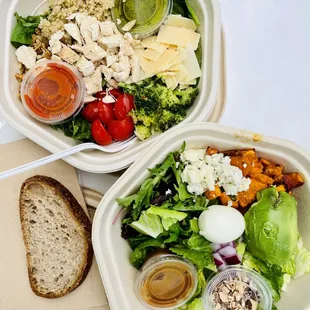 Chicken Pesto Bowl, Garden Cobb, bread