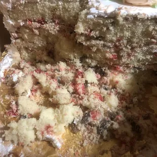 HORRIBLY DRY CHERRY NUT CAKE WITH BARELY ANY NUTS AND TERRIBLE FLAVOR. Every piece that was cut was falling apart because it was so dry.