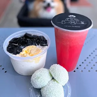 D3 Durian &amp; Grass Jelly w/ vanilla frost ($7.95), D7 Durian Mochi (3 pc-$6.95), B9 Watermelon Ice ($5.75). Two outdoor tables.