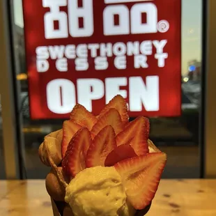 Durian strawberry matcha waffle